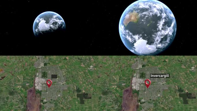 因弗卡吉尔市地图从太空缩放到地球，新西兰
