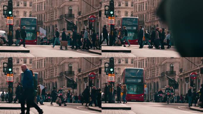 英国伦敦市中心牛津马戏街区域上下班高峰期拥挤的通勤人群的4K慢动作镜头，英国文化概念的商业和交通