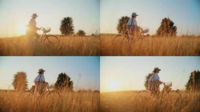 骑自行车和肩包的女子走在草地上