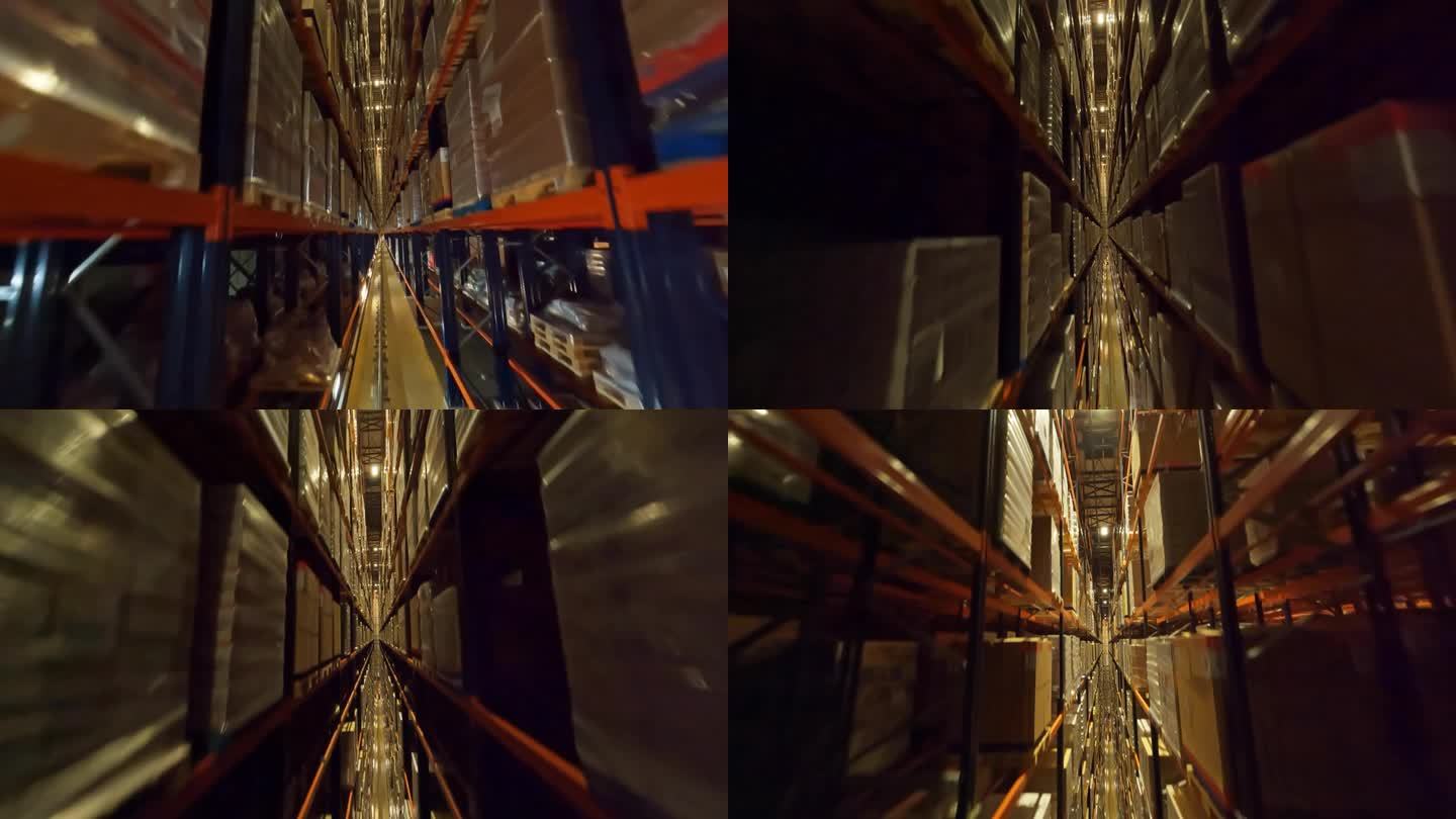 FPV无人机飞行视图制造仓库，一排排的存储货架一直延伸到天花板，里面装满了箱子