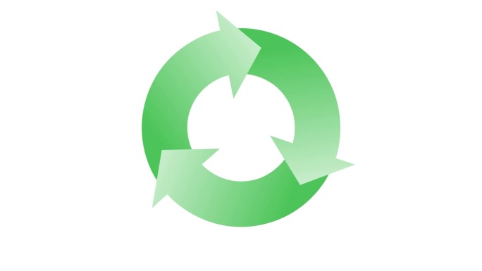 回收标志。绿色旋转圆与三个箭头动画在白色背景和绿色屏幕