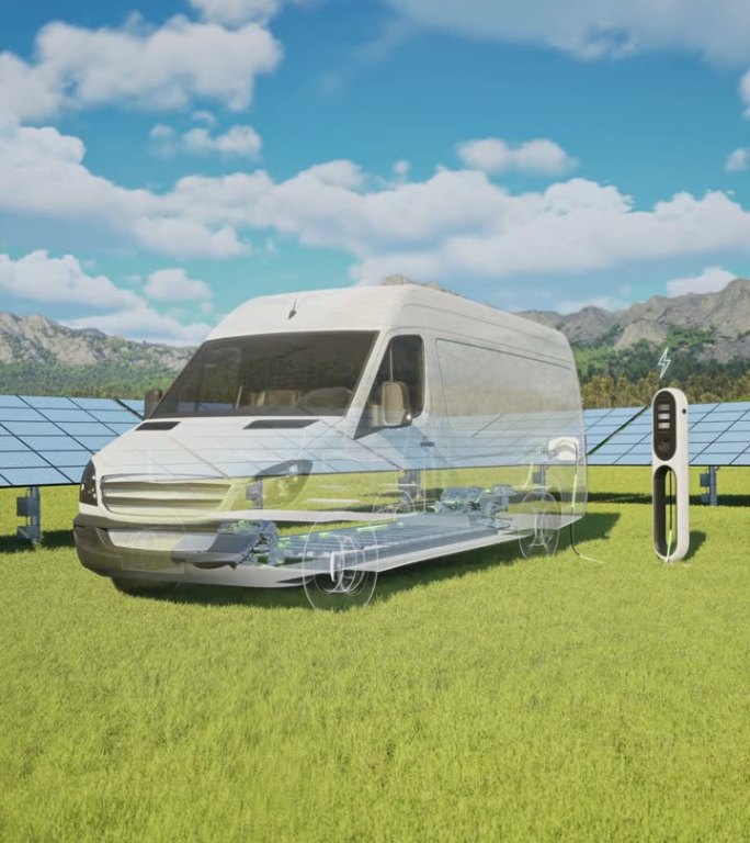 电动卡车在带有太阳能电池板的电动汽车充电站充电- 4K分辨率