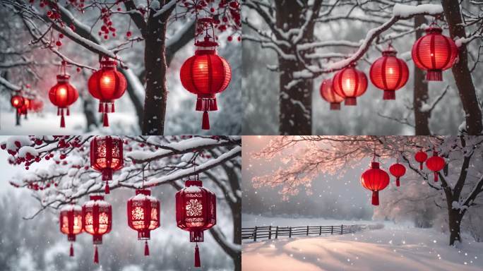 红色灯笼过年下雪天