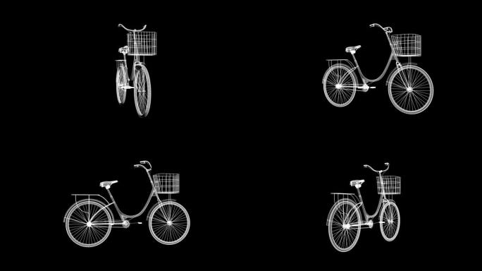 3D线框自行车模型在黑色虚拟空间旋转的全息动画，hud样式，4k