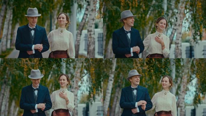 身着19世纪礼服的已婚夫妇秋日在公园散步的中型肖像，4K，普罗斯