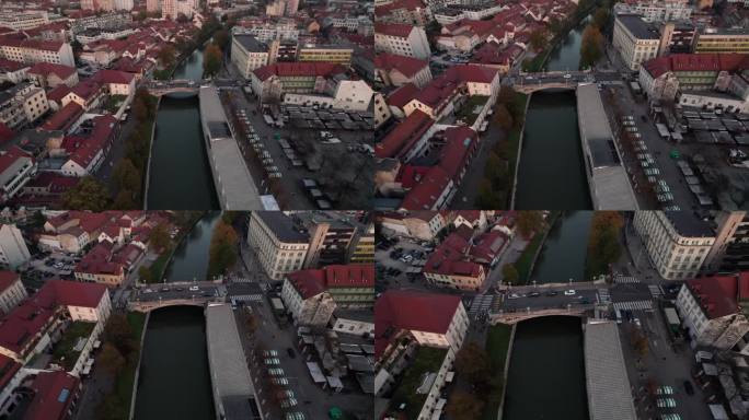 夕阳西下时，在斯洛文尼亚卢布尔雅那老城的圣彼得桥上，空中摄影车拍摄了这张照片