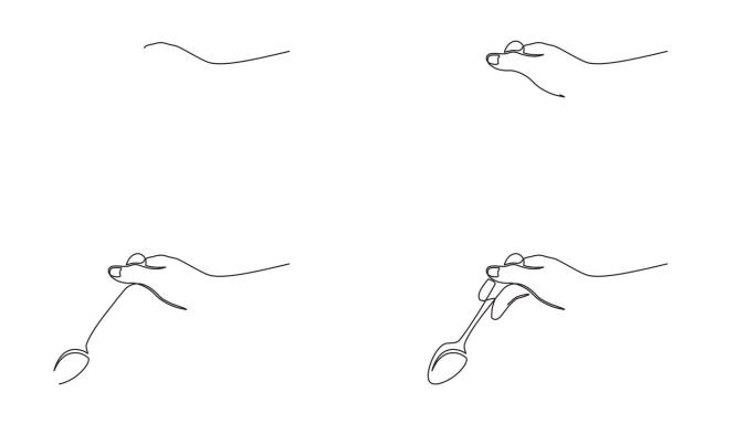 连续的一行动画。手的侧视图的手绘动画运动图形元素
拿着勺子准备开始吃东西。4 k的视频