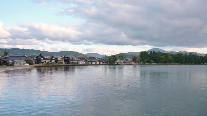 游客在日本京都天野町乘船旅行时正在喂海鸥