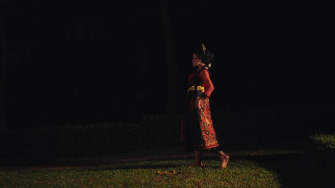 一位亚洲妇女正在一个长满绿草的公园里散步