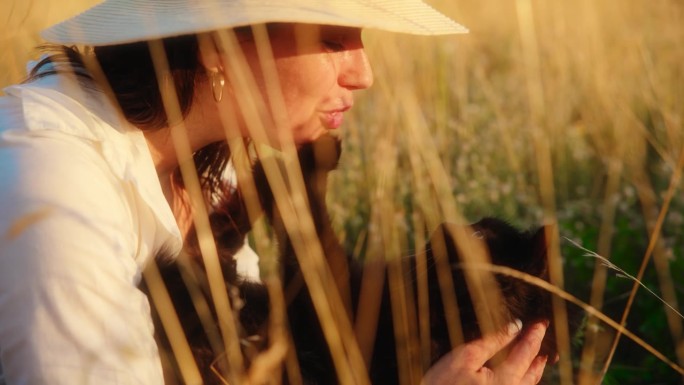 一个女人在草地上对她的波斯猫示爱