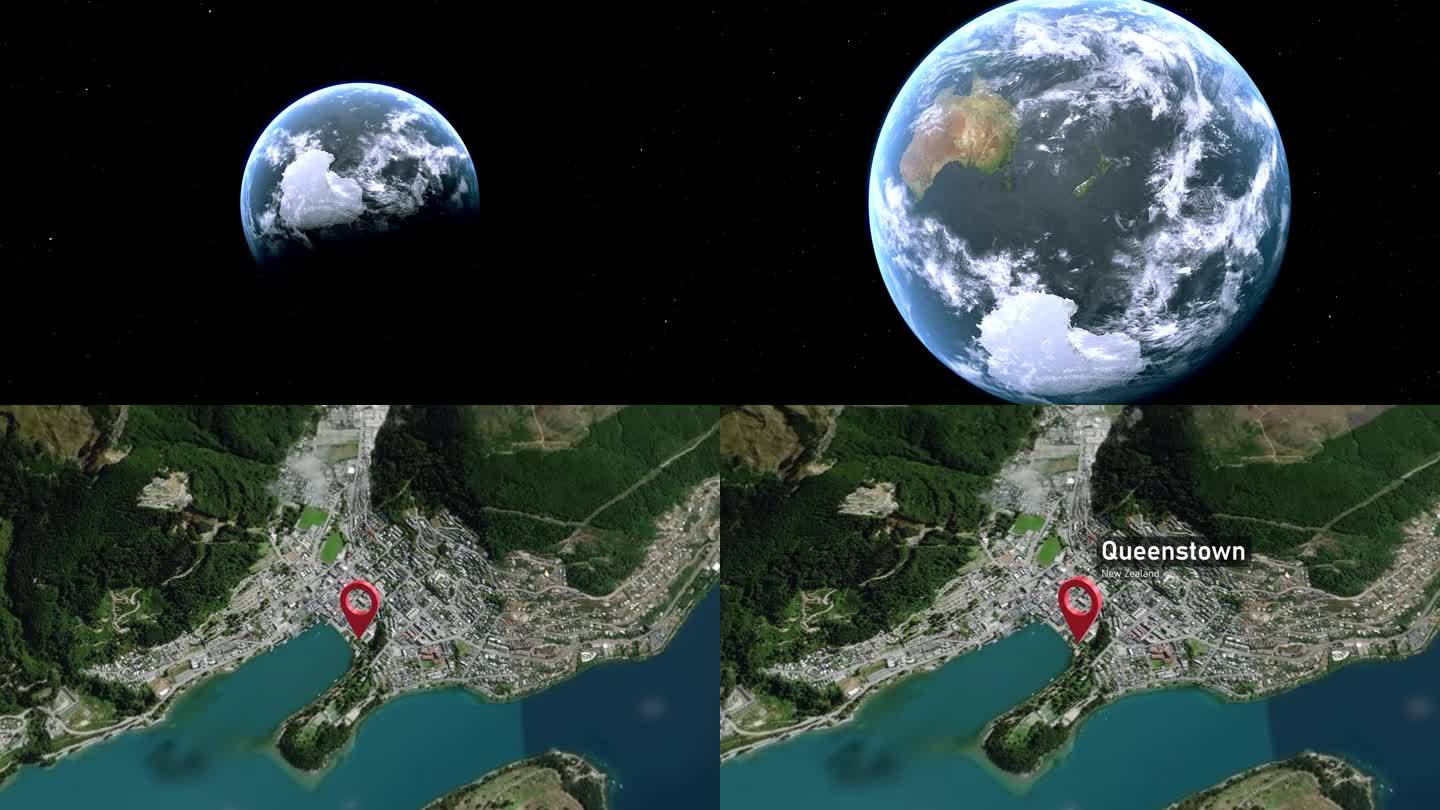 皇后镇城市地图从太空到地球，新西兰