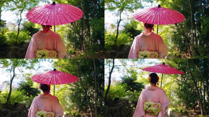 日本传统和服在森林中行走