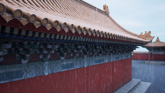 中国风宫殿屋檐下雨镜头