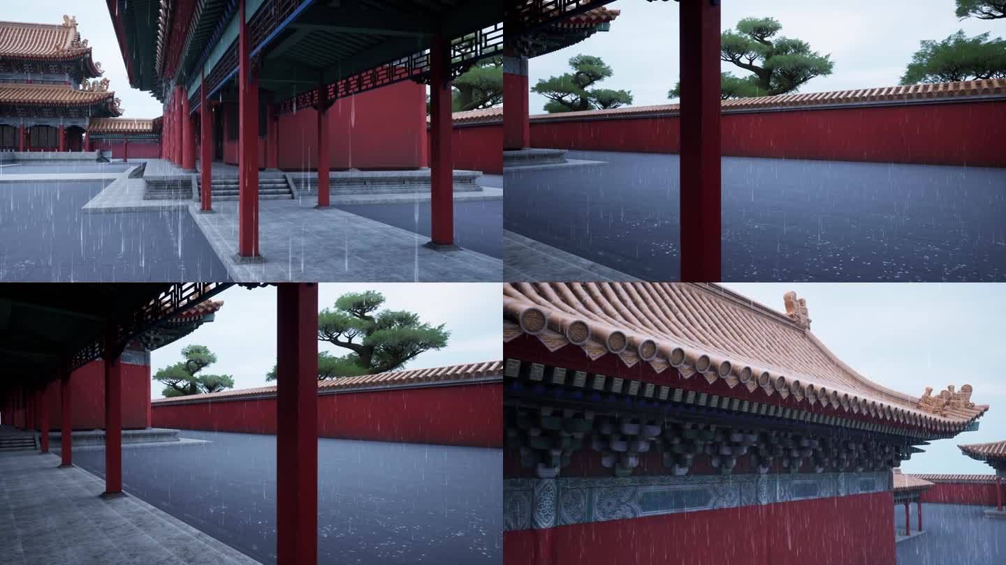中国风宫殿屋檐下雨镜头