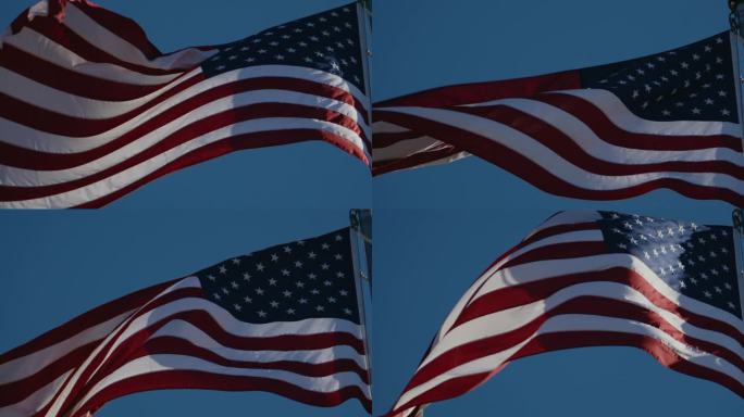 美国国旗挥舞的特写。蓝色的天空作为背景