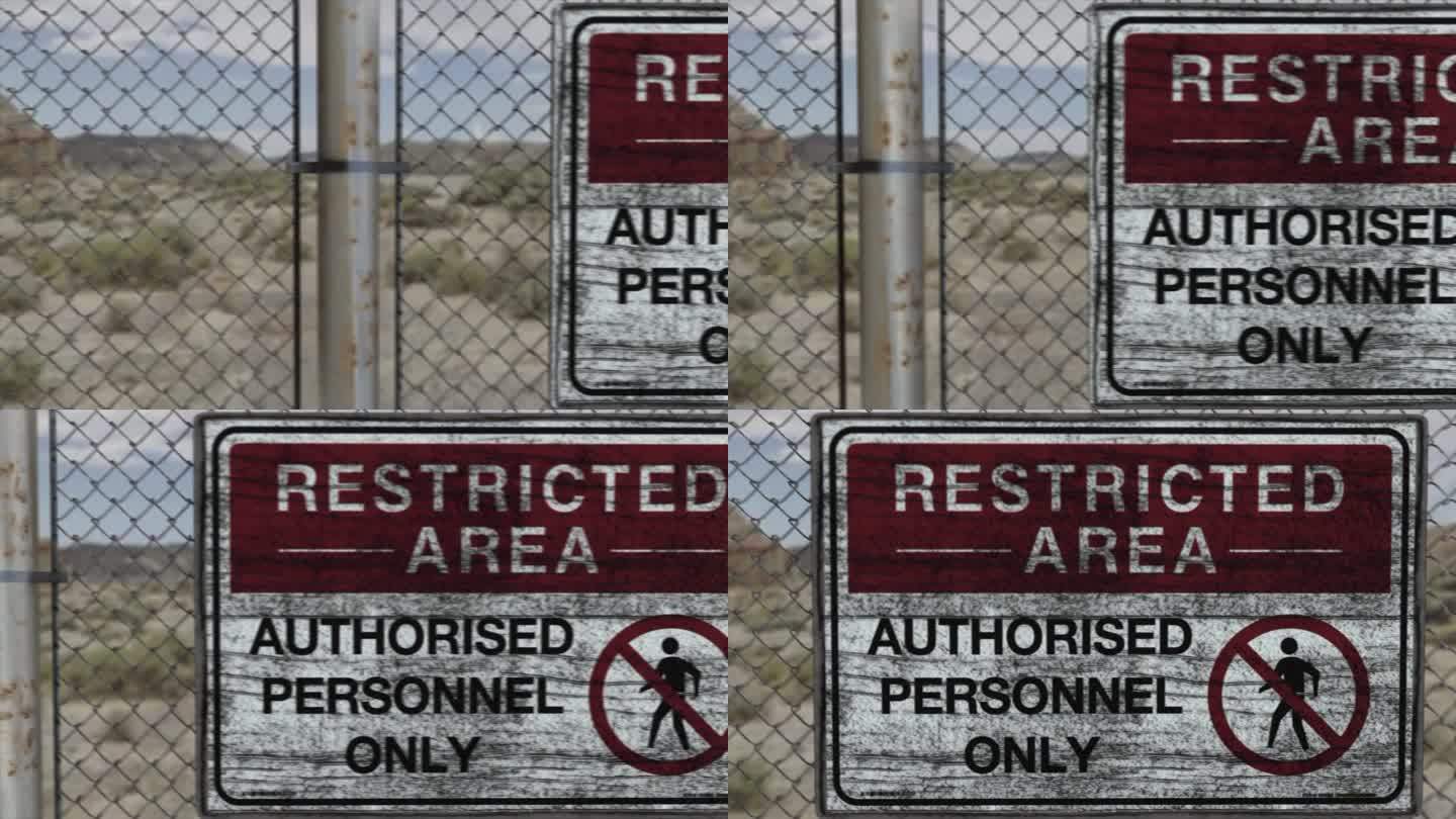 高质量的3D CGI渲染在一个高安全装置在沙漠场景中的链式围栏，与禁区-授权人员仅限标志