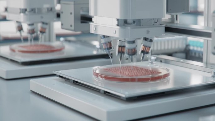 先进的未来实验室与生物打印机的有机组织。生物打印先进技术理念。实验室人工培养皮肤组织的延时。