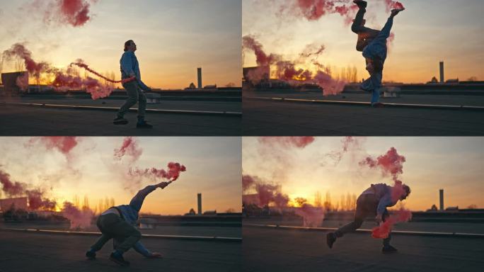日落时分，青年男子手持烟雾弹在屋顶表演后空翻和霹雳舞