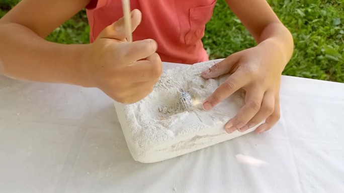 男孩热衷于考古发掘，坐在大自然的餐桌旁。小孩在挖掘藏在石膏里的恐龙遗骸或昆虫。年轻的古生物学家正在玩