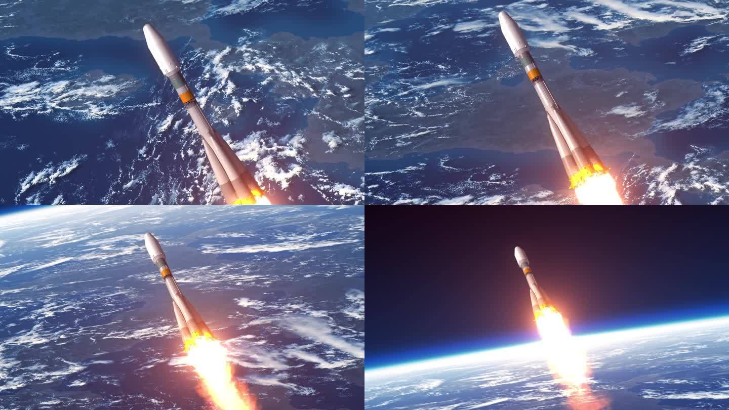 货运火箭在地球上空起飞。3d动画。4 k。
