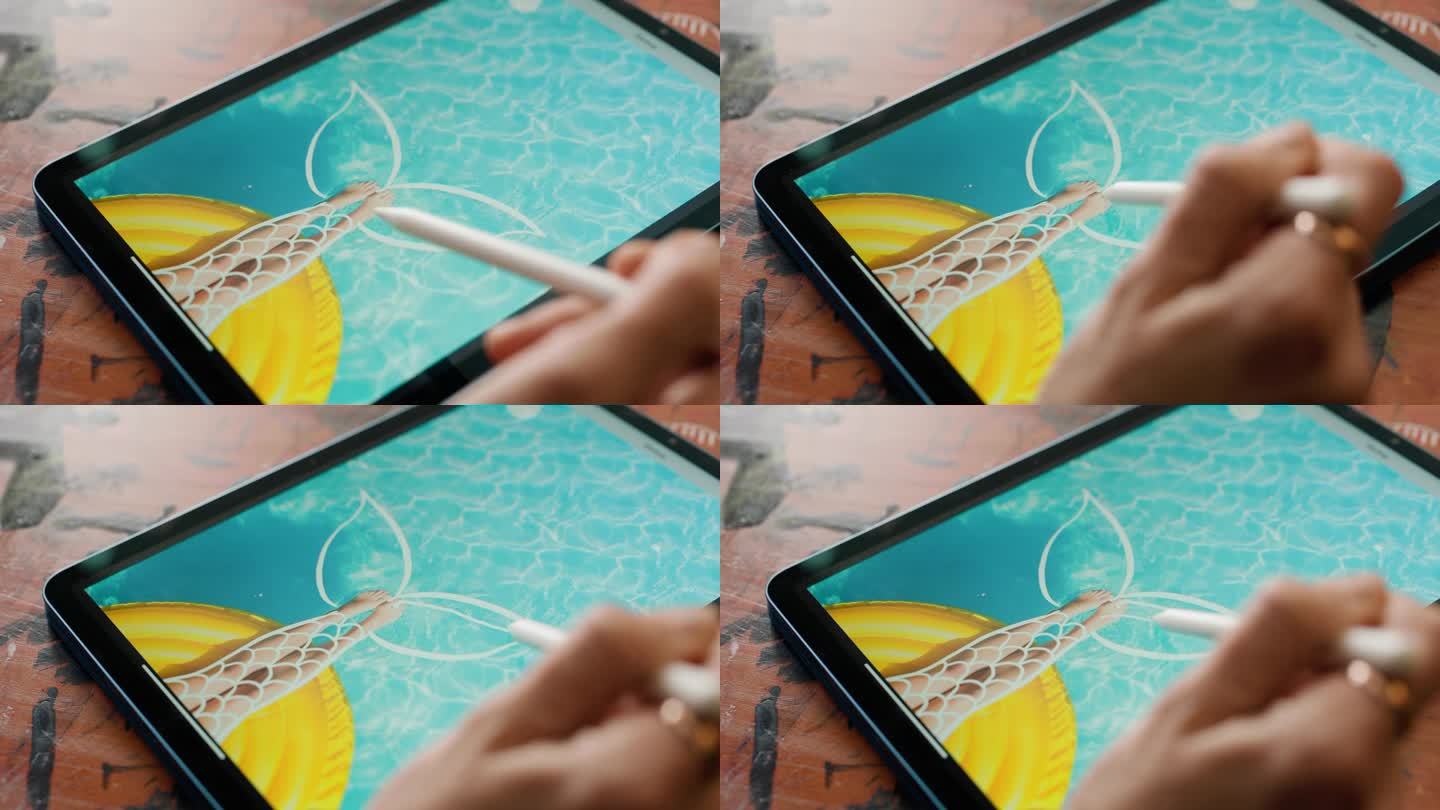手，显示和平面设计师与平板电脑的数字艺术与美人鱼绘图和编辑器的尾巴。艺术家，笔和技术或创意素描与nf