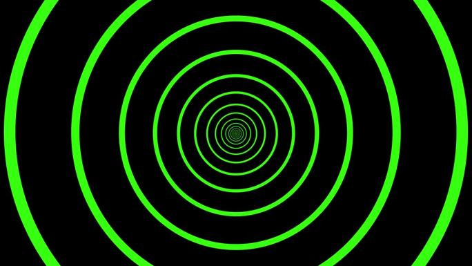 抽象的绿色霓虹灯圈在黑色背景上动画，创造了深度和运动的视觉错觉。