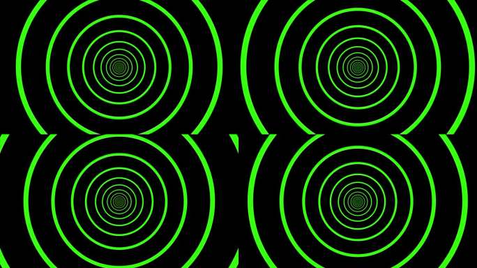 抽象的绿色霓虹灯圈在黑色背景上动画，创造了深度和运动的视觉错觉。