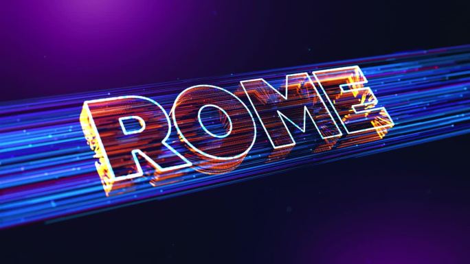 未来的紫蓝橙模糊焦点罗马3D透视文字揭示，意大利首都虚线粒子微风效果和闪闪发光的灰尘光耀斑