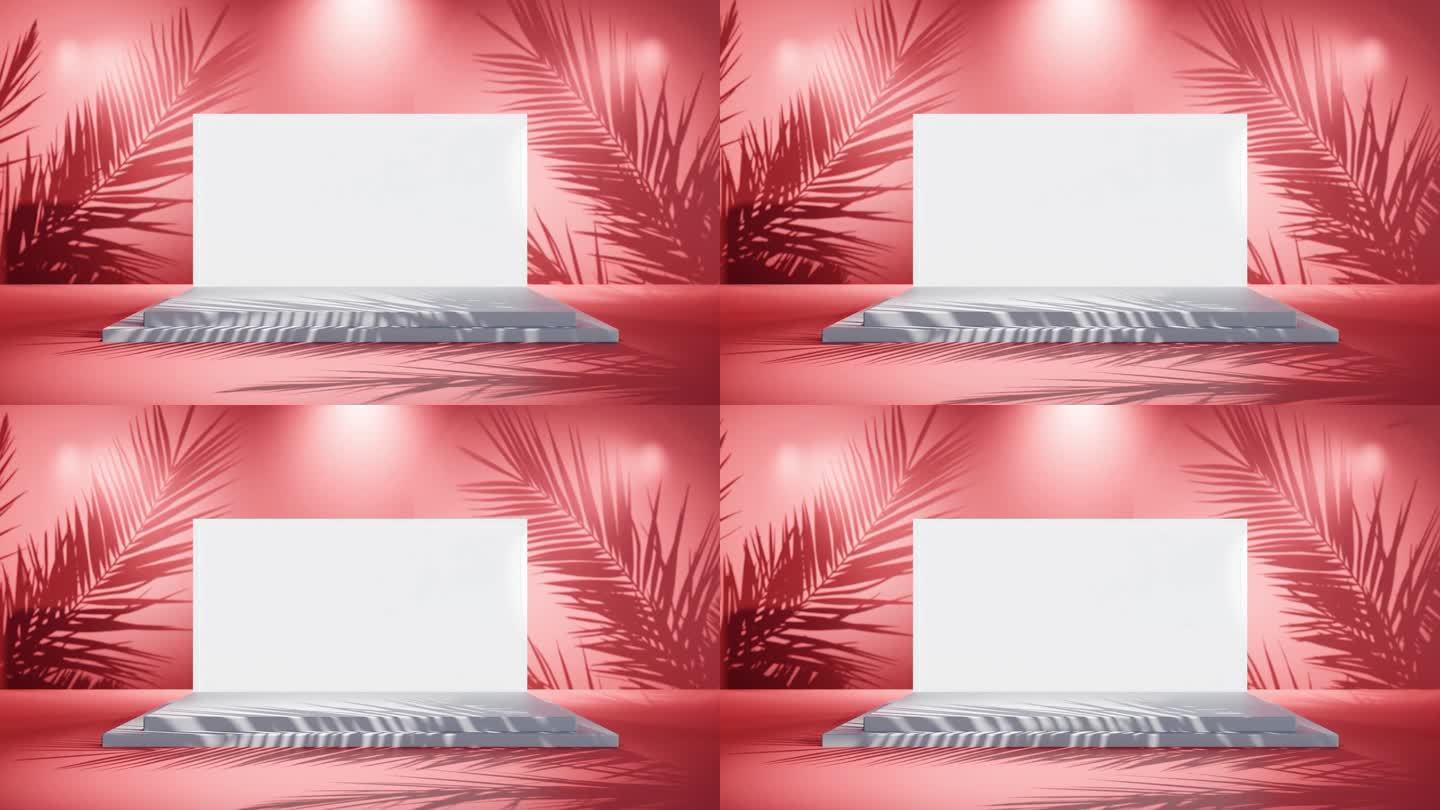 白色空白屏产品展示以棕榈树和风红色背景电商网店销售折扣