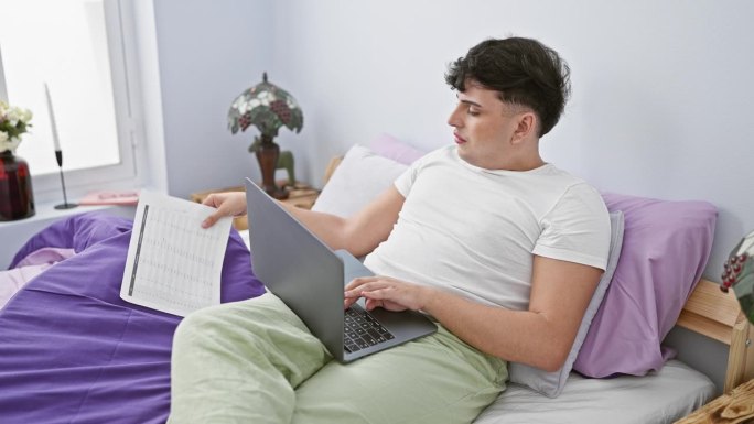 一个年轻人在他舒适的卧室里工作，他坐在床上，用笔记本电脑工作，床上铺着五颜六色的被褥，阳光照进来。