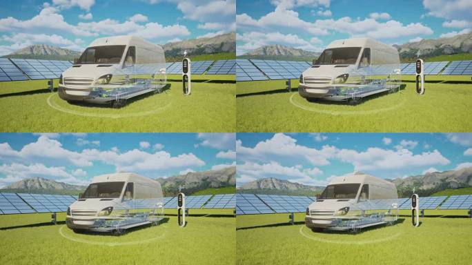 厢式货车-车辆充电的电动汽车充电站与太阳能电池板- 4K分辨率