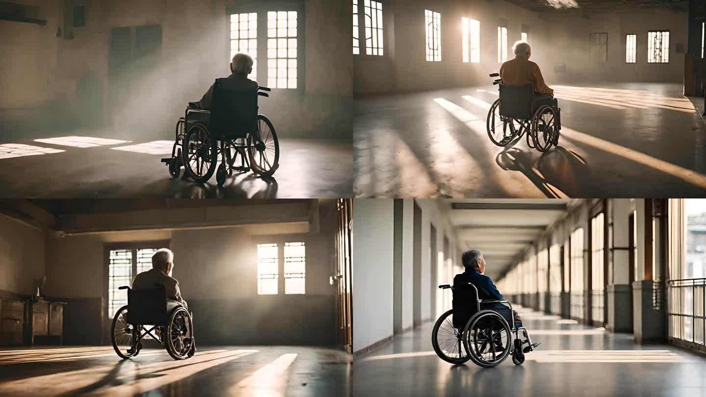 孤独的老人坐着轮椅背影