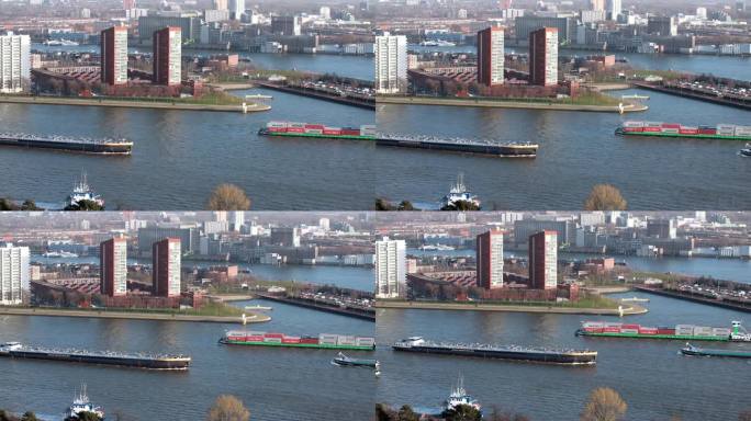 鹿特丹新马斯河的内河船和内河运输