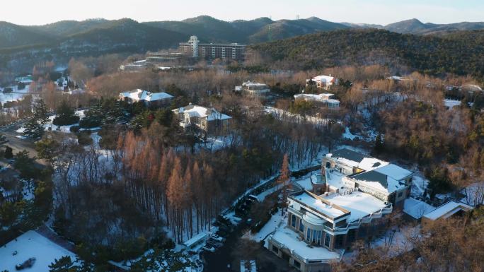 航拍棒棰岛大海海岸下雪雪后的海