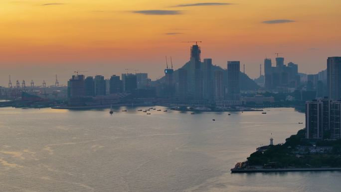 夕阳西下深圳湾航拍日落傍晚黄昏风景风光深