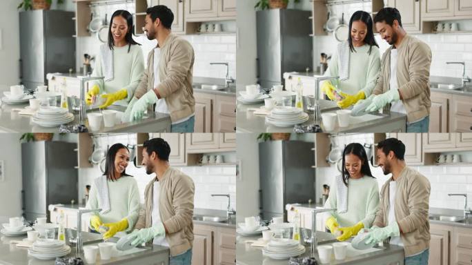 夫妻俩，一边聊天一边和厨房的水槽一起洗碗，在家里互相搀扶或开心地聊着笑话。男人，女人和团队合作的细菌