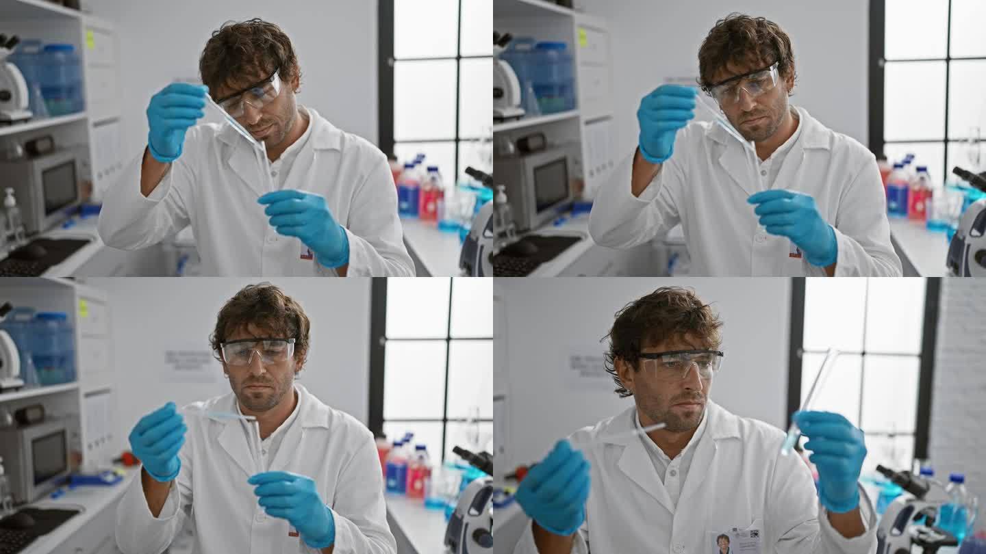 在摆满化学药品的实验室里，一名身穿白大褂的男子神情专注地检查着试管，体现了他的专业性和专注度。