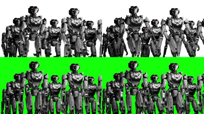 3d渲染行走机器人军队，工业组的半机械人机器在白色和绿色的屏幕工作室背景。