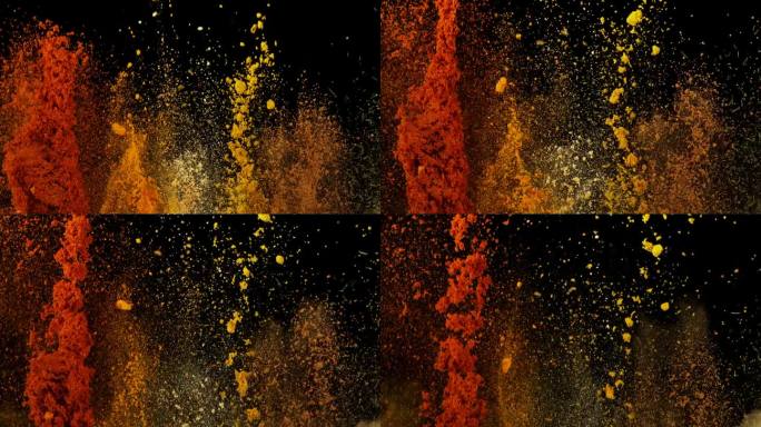在黑色背景下，以1000帧/秒的速度拍摄各种香料的彩色爆炸。