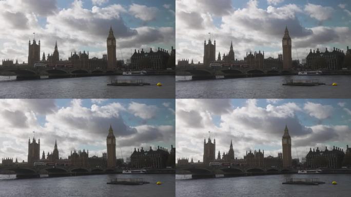 标志性的伦敦天空:大本钟和国会大厦与太阳和云
