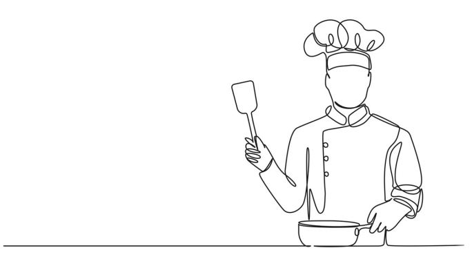 动画单线绘制的厨师与煎锅和锅铲