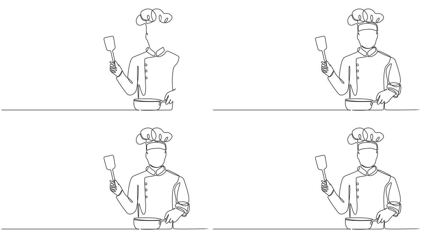 动画单线绘制的厨师与煎锅和锅铲