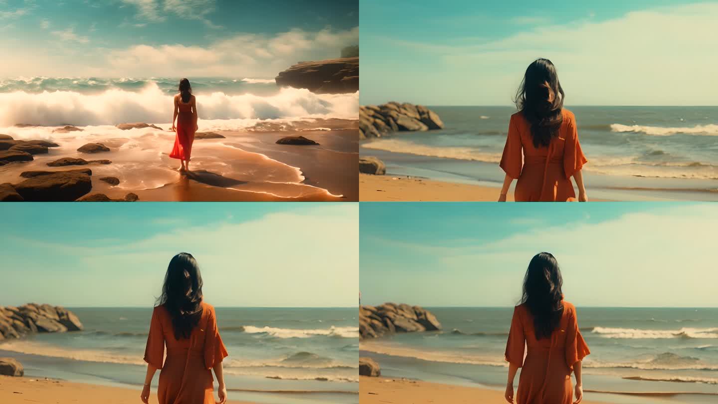 在波浪翻滚的海边沙滩散步的美女背影