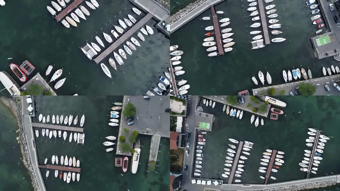 无人机拍摄的船只在意大利伦巴第伊塞奥湖的伊塞奥直升机场停泊