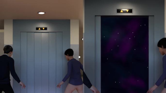 人们看着电梯，关注着门口，外太空，对未知的恐惧