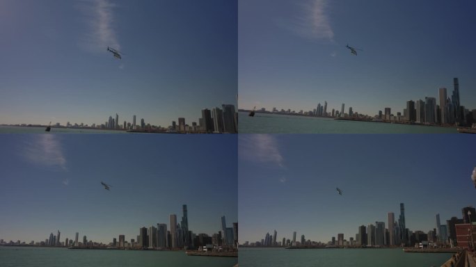 直升机在码头上方。从海军码头看芝加哥壮观的摩天大楼