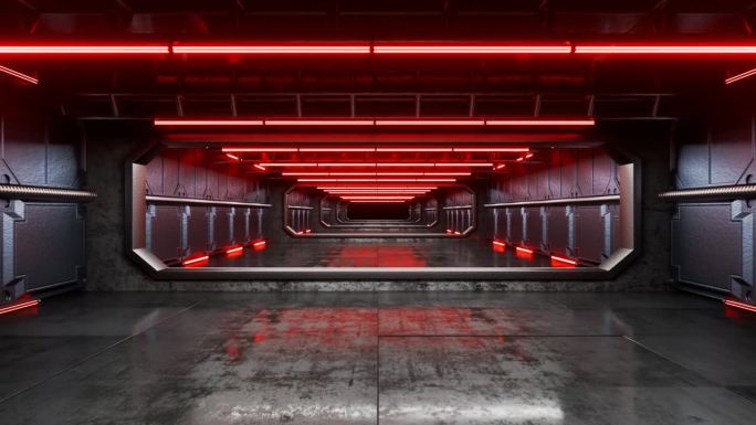 镜头在宇宙飞船的无尽隧道中移动。一望无际的混凝土隧道，亮着红灯。数字通道。事件背景。事件库存镜头。混