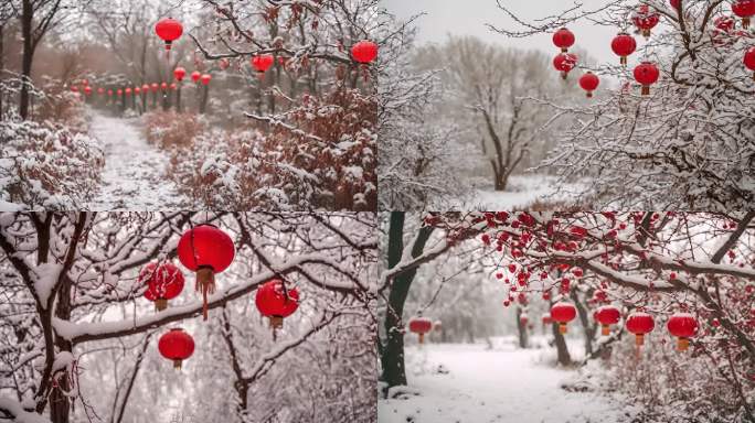 树枝下雪天的红色灯笼