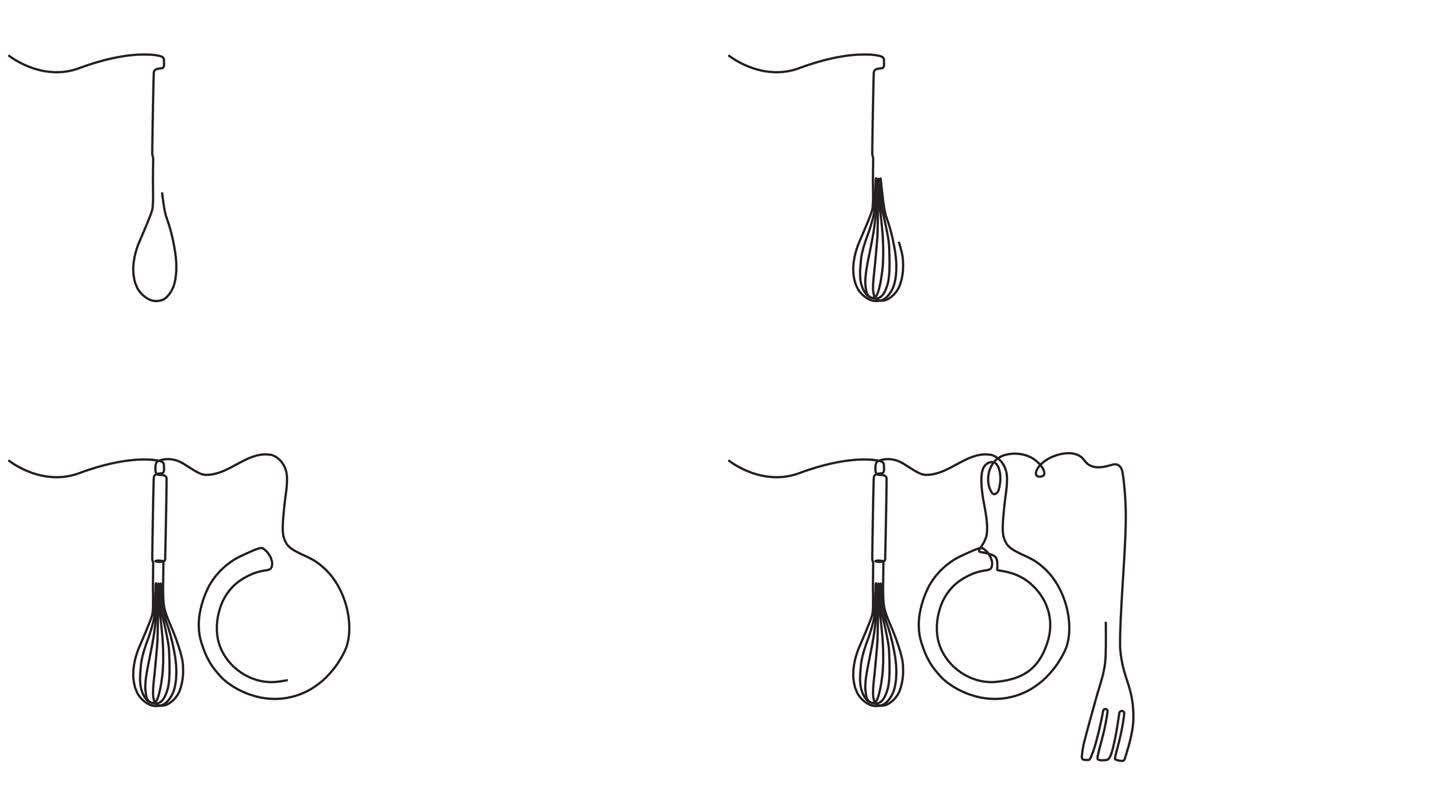连续的一行动画。一套炊具的手绘动画图形元素。盘子，勺子，叉子，刀的概念。视频4 k
