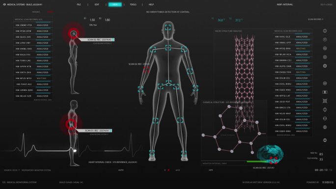 未来的医疗保健和生物技术概念:医学研究环境软件模板与化学式和男性身体扫描结果的计算机显示器和笔记本电